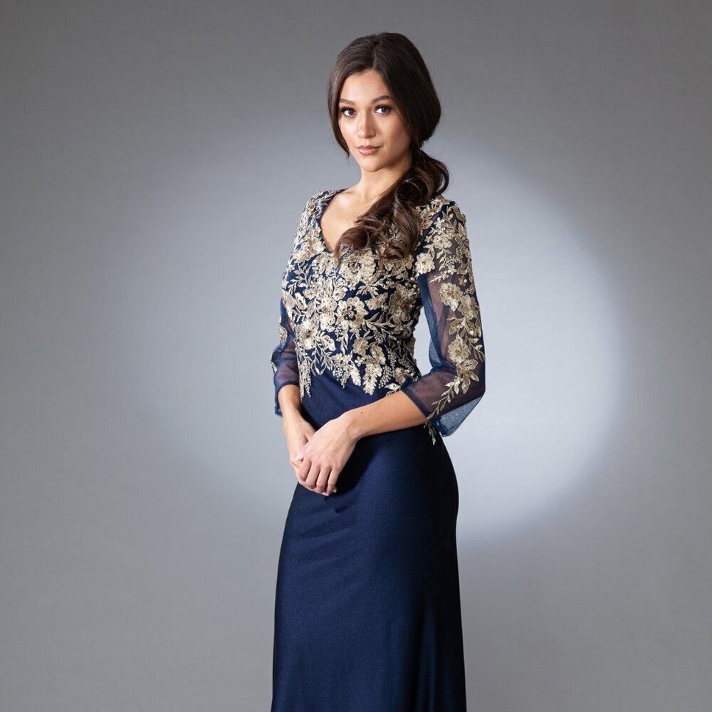 New Sheath Mother Of Bride Gown W/ Sheer Sleeves & Floral Lace Details 7039